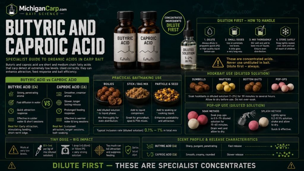 Butyric acid and caproic acid carp bait guide showing diluted stock bottles hookbaits pop ups milk nut boilies and tiny dose warnings
