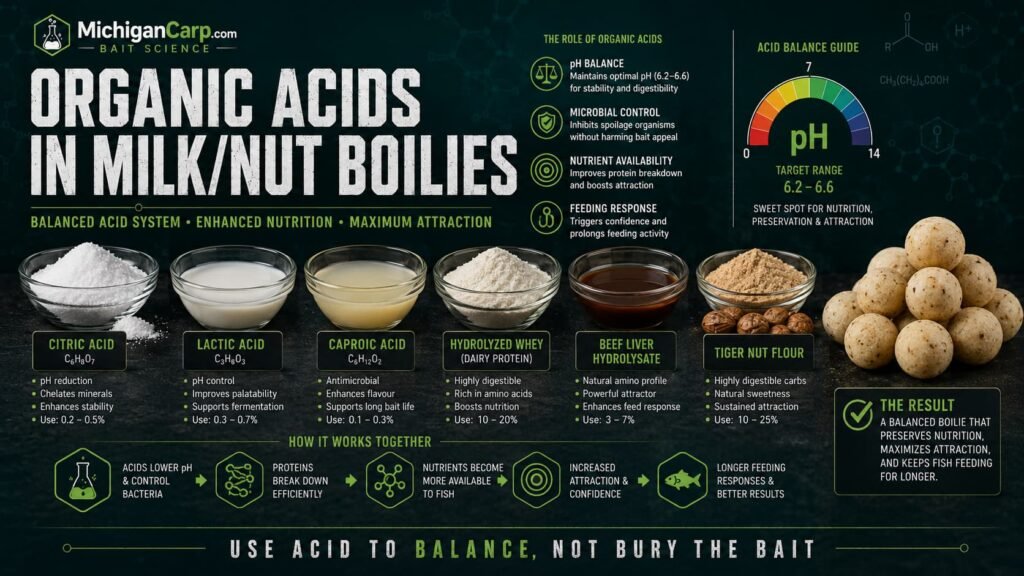 Organic acids in milk nut boilies showing citric acid lactic acid caproic acid hydrolyzed whey beef liver hydrolysate tiger nut flour and cream boilies