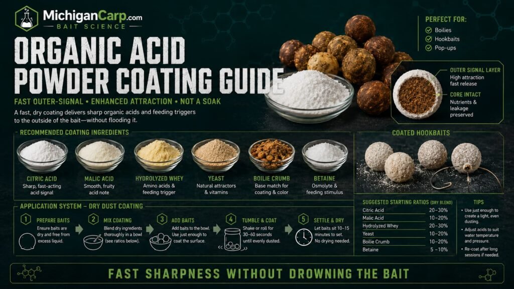 Organic acid powder coating guide for carp bait showing citric acid malic acid hydrolyzed whey yeast boilie crumb betaine and coated hookbaits