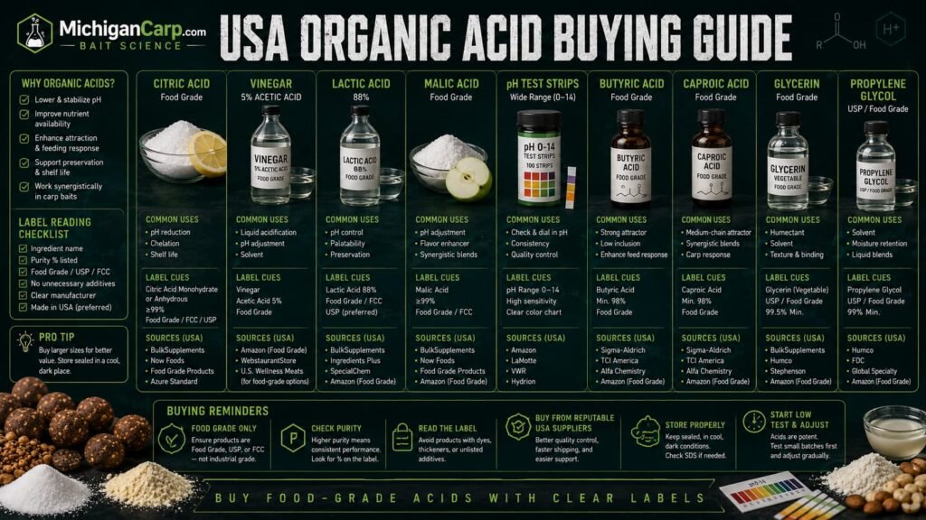 USA organic acid buying guide for carp bait showing citric acid vinegar lactic acid malic acid pH strips butyric acid caproic acid glycerin and propylene glycol