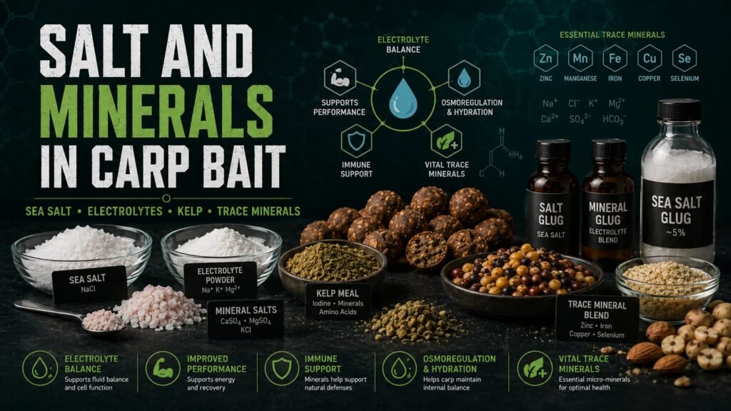 Salt and minerals in carp bait showing sea salt mineral salts electrolytes kelp trace minerals boilies particles glugs and bait ingredients