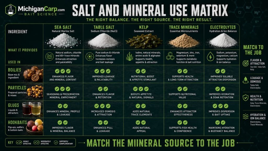 Salt and mineral use matrix for carp bait showing sea salt table salt kelp trace minerals electrolytes boilies particles glugs and hookbaits