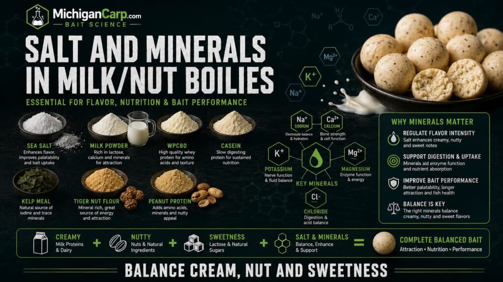 Salt and minerals in milk nut boilies showing sea salt milk powder WPC80 casein kelp tiger nut flour peanut protein and cream boilies
