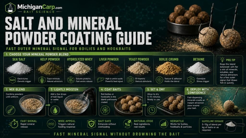 Salt and mineral powder coating guide for carp bait showing sea salt kelp hydrolyzed whey liver powder yeast boilie crumb betaine and coated hookbaits