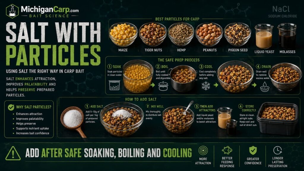 Salt with particles for carp bait showing sea salt maize tiger nuts hemp peanuts pigeon seed liquid yeast molasses and prepared bait