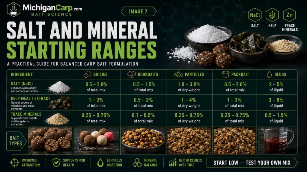 Salt and mineral inclusion range guide for carp bait showing sea salt kelp trace minerals boilies hookbaits particles packbait and glugs