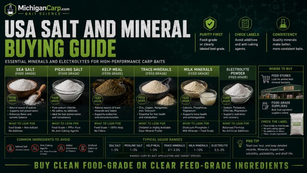 USA salt and mineral buying guide for carp bait showing sea salt pickling salt kelp meal trace minerals milk minerals electrolyte powder and feed store labels