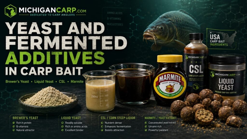 Yeast and fermented additives in carp bait showing brewer’s yeast liquid yeast CSL Marmite yeast extract boilies glugs and USA carp bait ingredients