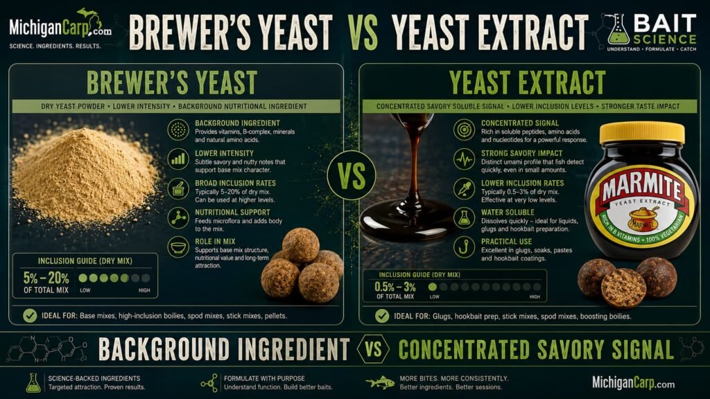 Brewer’s yeast versus yeast extract for carp bait showing dry yeast powder autolyzed yeast yeast extract Marmite boilies and inclusion ranges