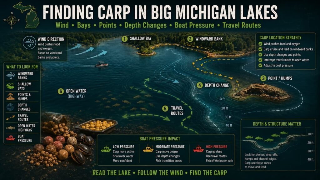 Finding carp in big Michigan lakes showing windward banks shallow bays points depth changes boat pressure travel routes and carp location strategy