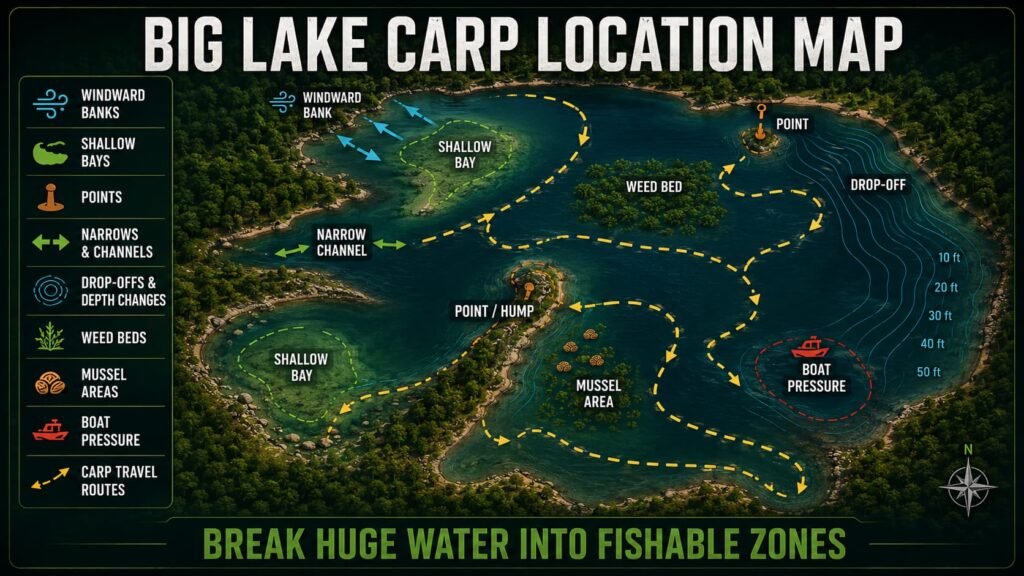 Big Michigan lake carp location map showing windward banks shallow bays points narrows drop offs weed beds mussel areas boat pressure and travel routes