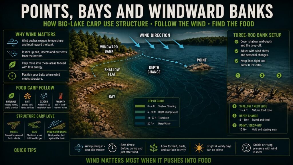 Points bays and windward banks for big lake carp fishing showing wind direction shallow flats depth changes and three rod positioning