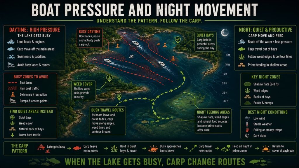 Boat pressure and night movement guide for big lake carp showing busy daytime boat lanes quiet bays weed cover dusk routes and night feeding areas
