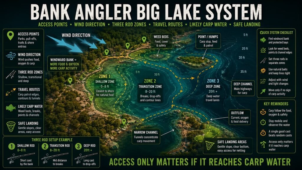 Bank angler system for finding carp in big Michigan lakes showing access points wind direction three rod zones travel routes and safe landing areas