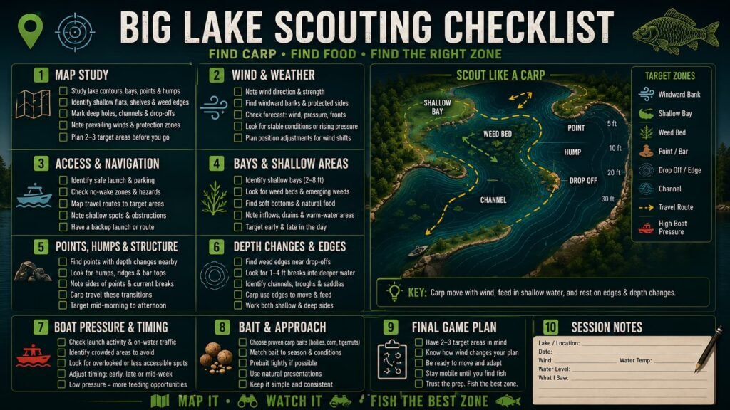 Big lake carp scouting checklist for Michigan showing map study wind access bays points depth changes boat pressure bait choice and session notes