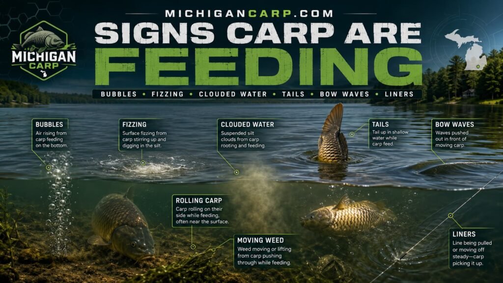 Signs carp are feeding showing bubbles fizzing clouded water tails bow waves liners rolling carp moving weed and Michigan lake carp feeding activity