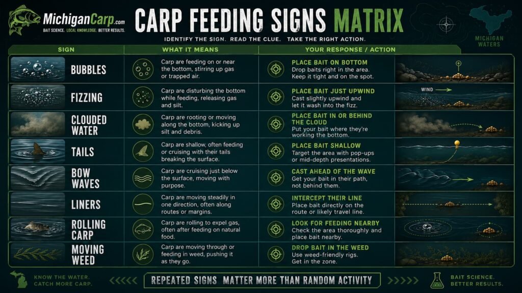 Carp feeding signs matrix showing bubbles fizzing clouded water tails bow waves liners rolling carp moving weed and how to respond