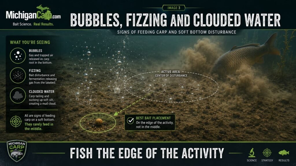 Bubbles fizzing and clouded water as signs carp are feeding showing soft silt bubbles mud clouds and bait placement on the edge