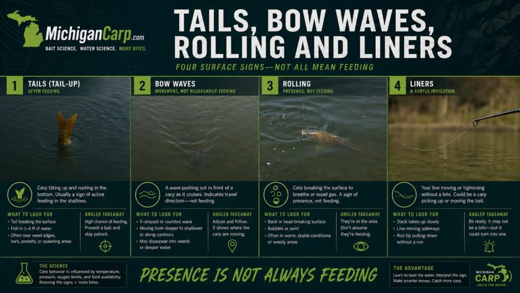 Tails bow waves rolling carp and liners as carp signs showing shallow feeding movement travel routes and line bites