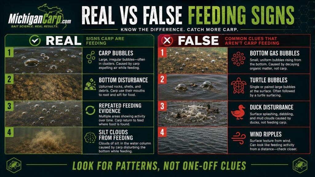 Real versus false carp feeding signs showing carp bubbles bottom gas turtle bubbles duck disturbance wind ripples and feeding evidence