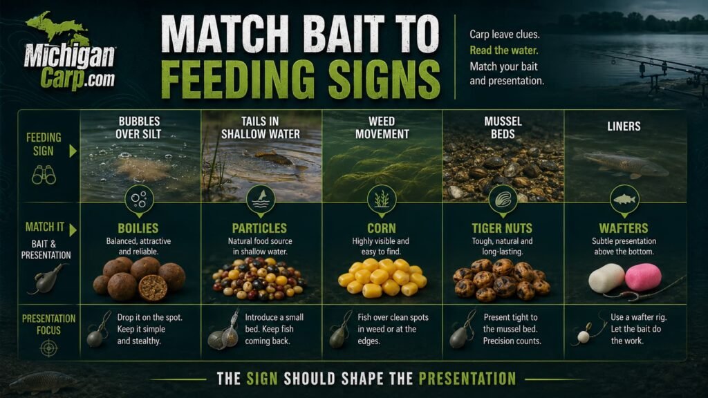 Match bait to carp feeding signs showing bubbles silt tails weed movement mussel beds liners boilies particles corn tiger nuts and wafters