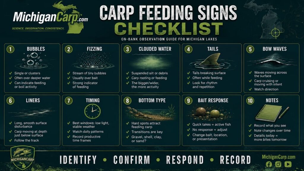 Carp feeding signs checklist showing bubbles fizzing clouded water tails bow waves liners timing bottom type bait response and notes