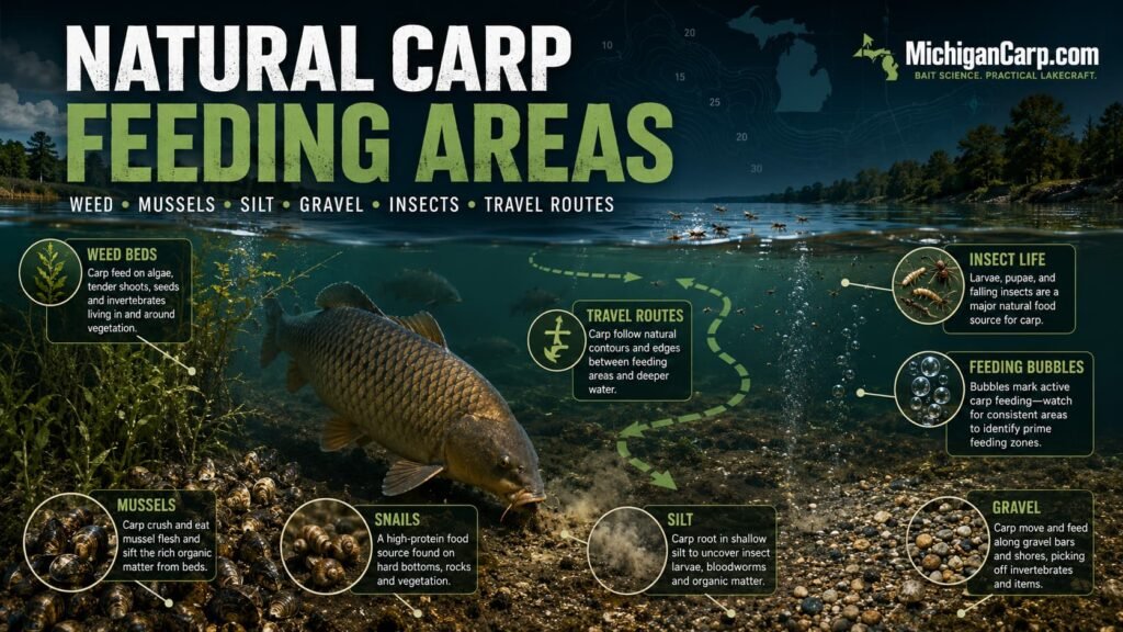 Natural carp feeding areas in Michigan lakes showing weed beds mussels snails silt gravel insects bubbles and carp travel routes