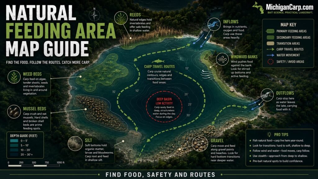 Natural carp feeding area map guide showing weed beds mussel beds silt gravel reeds inflows outflows windward banks and carp travel routes