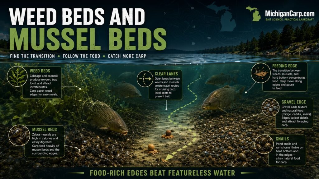 Weed beds and mussel beds as carp feeding areas showing cabbage weed snails zebra mussels gravel edges clear lanes and boilie placement