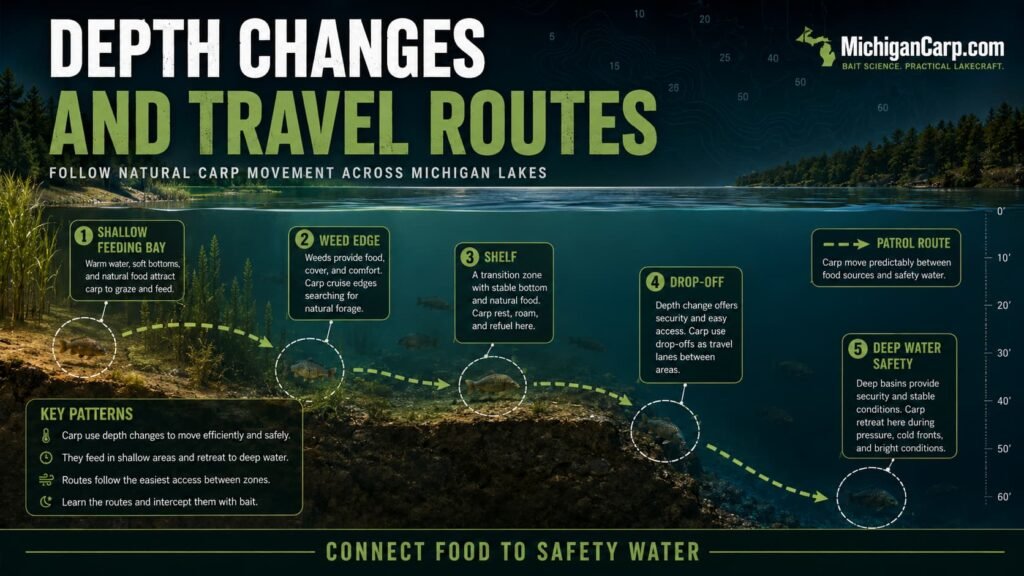 Carp depth change and travel route guide for Michigan lakes showing shallow feeding bays weed edges shelves drop offs deep water and patrol routes