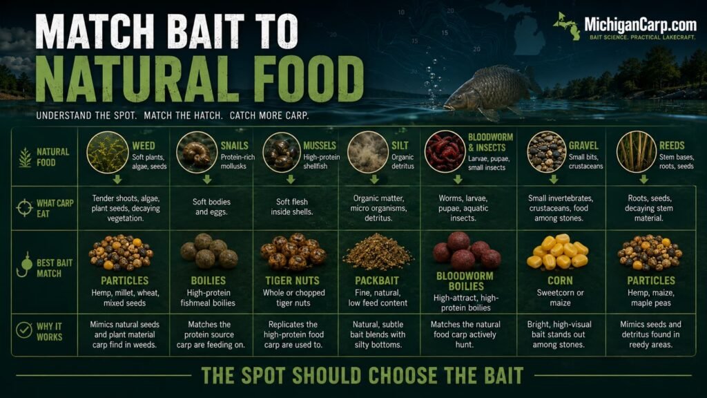 Natural food to carp bait matching guide showing weed snails mussels silt bloodworm gravel reeds particles boilies corn tiger nuts and packbait