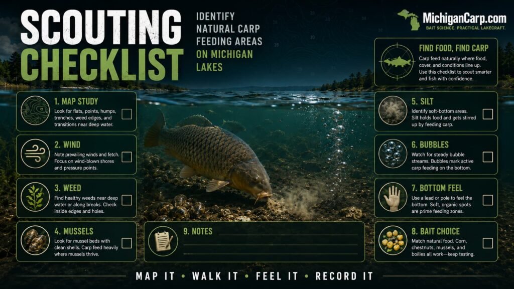 Natural carp feeding area scouting checklist for Michigan lakes showing map study wind weed mussels silt bubbles bottom feel bait choice and notes