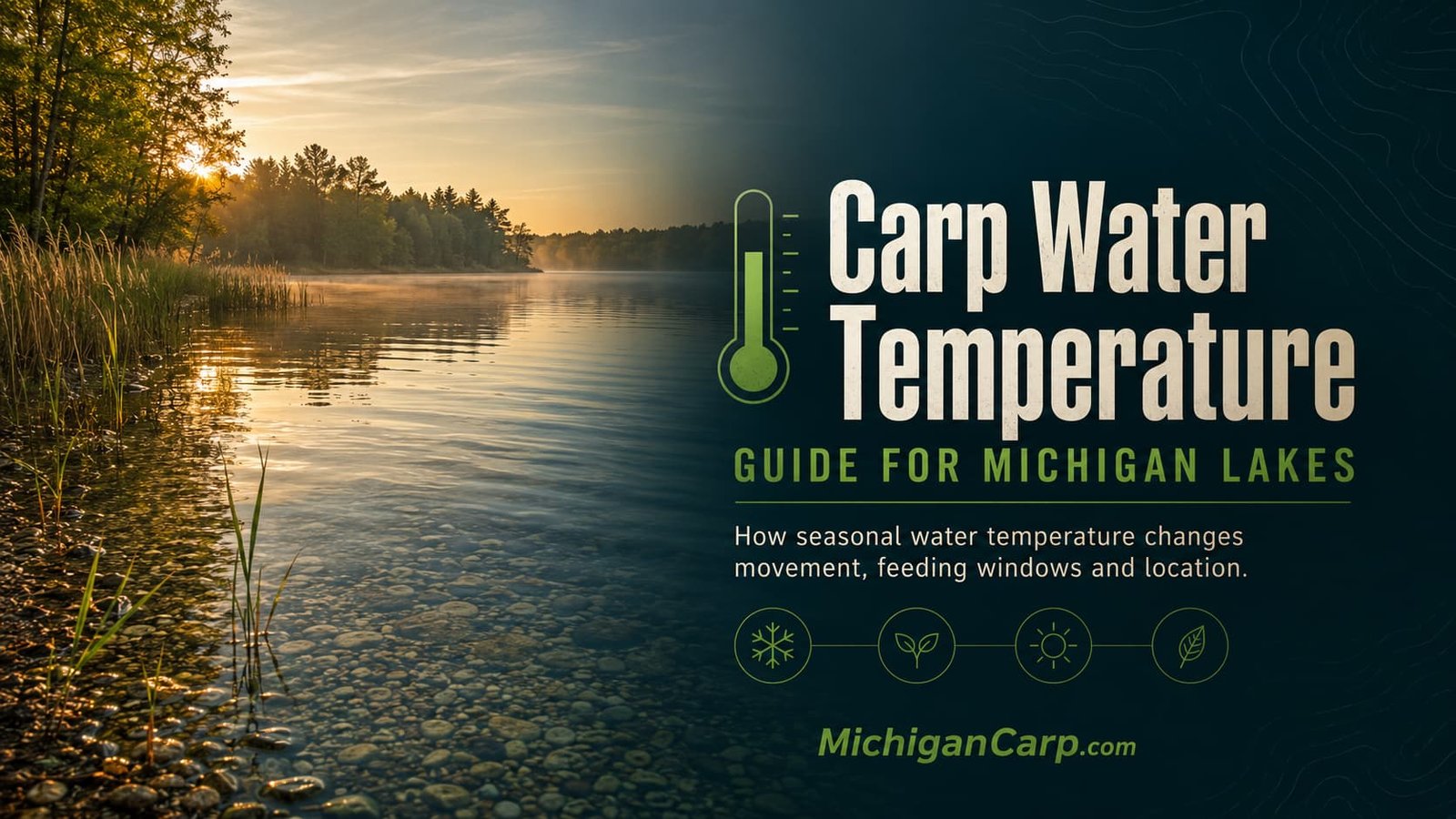 Michigan lake at sunrise with shallow water, reeds and a carp water temperature guide theme