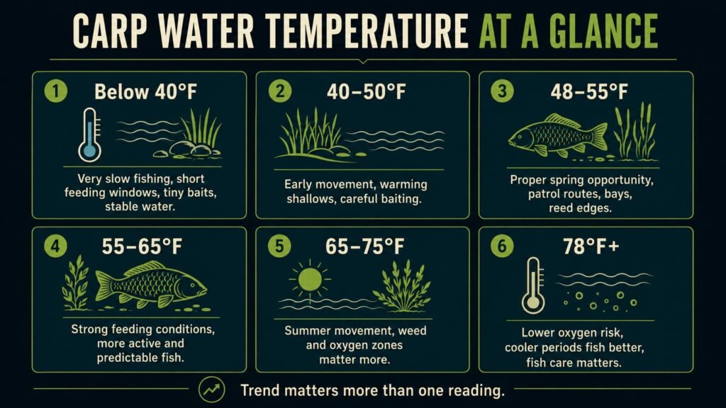 Infographic showing carp water temperature ranges from below 40 degrees to 78 degrees and how each range affects feeding and location