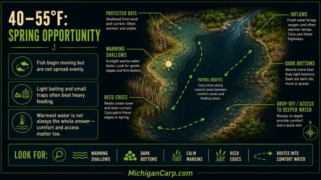 Spring carp fishing infographic showing warming shallows, protected bays, reed edges, inflows, dark bottoms and routes to deeper water