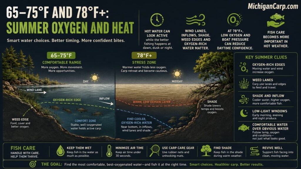 Summer carp fishing infographic showing oxygen rich weed edges, wind lanes, shade, inflows, hot water and fish care in warm condition