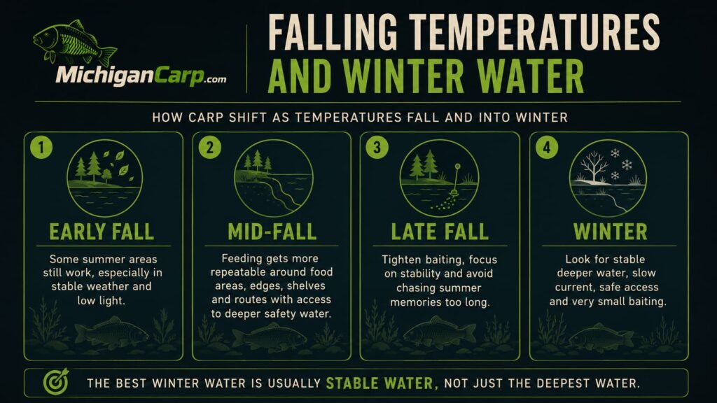 Infographic showing how carp shift through early fall, mid fall, late fall and winter as water temperatures fall