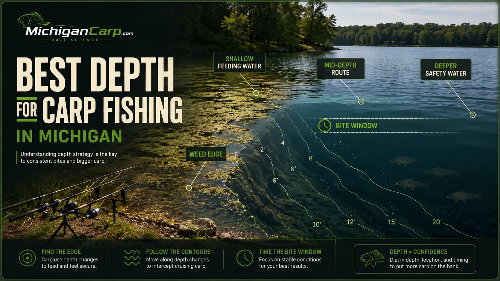 Michigan lake depth transition with shallow margin weed edge and deeper carp holding water