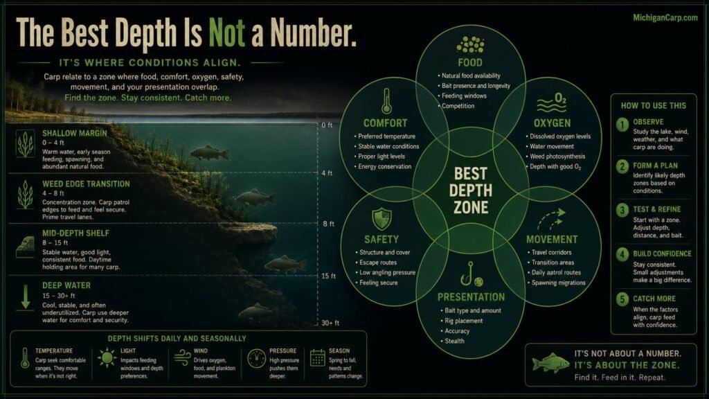 Infographic showing food comfort oxygen safety movement and presentation overlapping to create the best depth for carp fishing