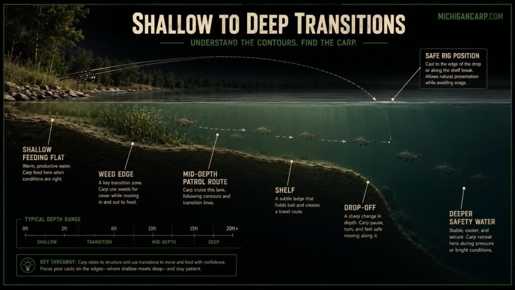 Diagram showing shallow feeding flat weed edge mid-depth patrol route and deeper safety water for carp fishing