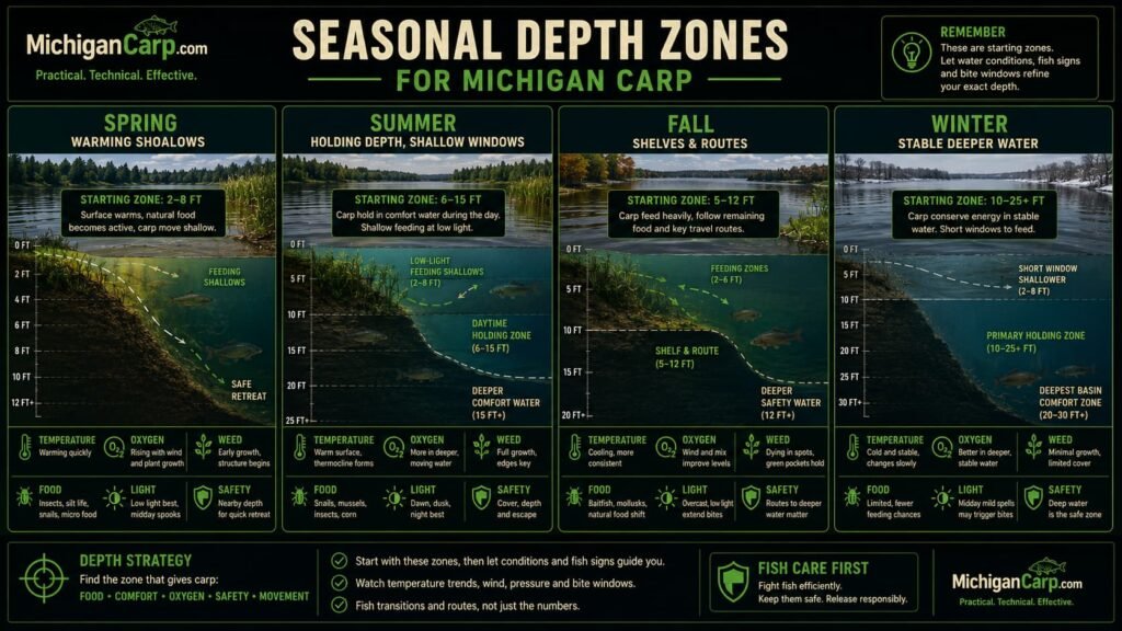 Seasonal infographic showing spring summer fall and winter carp depth zones in Michigan lakes