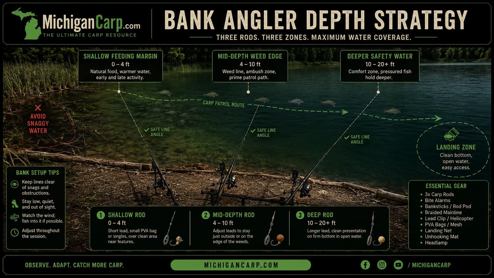 Diagram showing bank angler rods covering shallow margin mid-depth weed edge and deeper safety water for carp