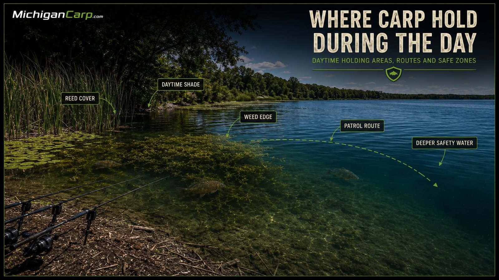 1. Where Carp Hold During the DayAlt text:Michigan lake showing daytime carp holding areas including reed cover weed edge shade patrol route and deeper safety water