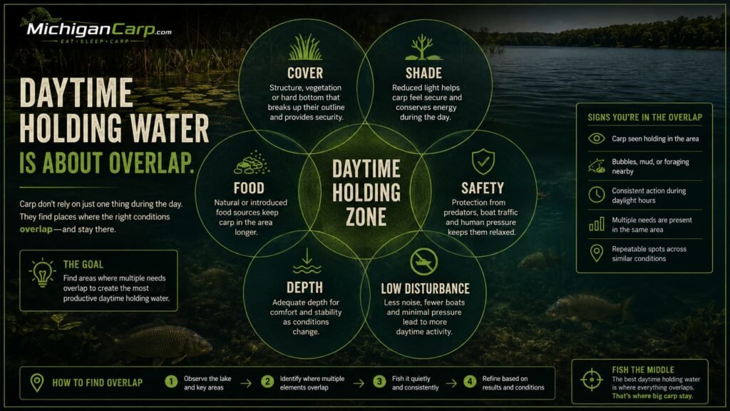 2. Daytime Holding Water Is About OverlapAlt text:Infographic showing daytime carp holding water created by overlap of cover shade food safety depth and low disturbance