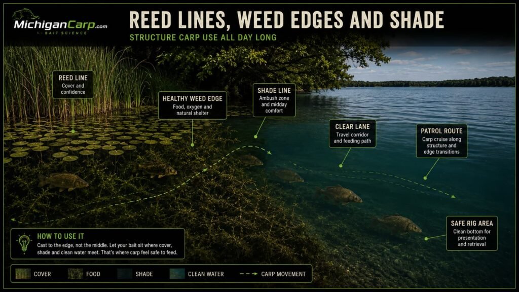 2. Daytime Holding Water Is About OverlapAlt text:Infographic showing daytime carp holding water created by overlap of cover shade food safety depth and low disturbance