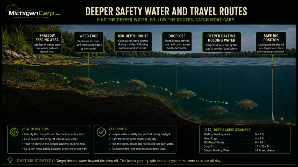 4. Deeper Safety Water and Travel RoutesAlt text:Lake cross section showing shallow feeding water weed edge mid depth route drop off and deeper daytime carp holding water