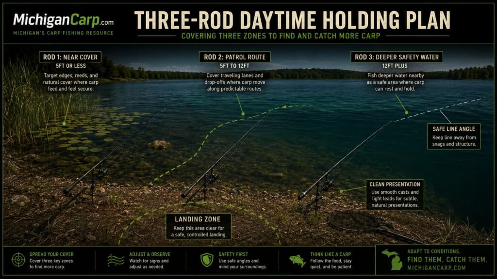 5. Three-Rod Daytime Holding PlanAlt text:Three carp rods covering near cover patrol route and deeper safety water for daytime carp location on a Michigan lake