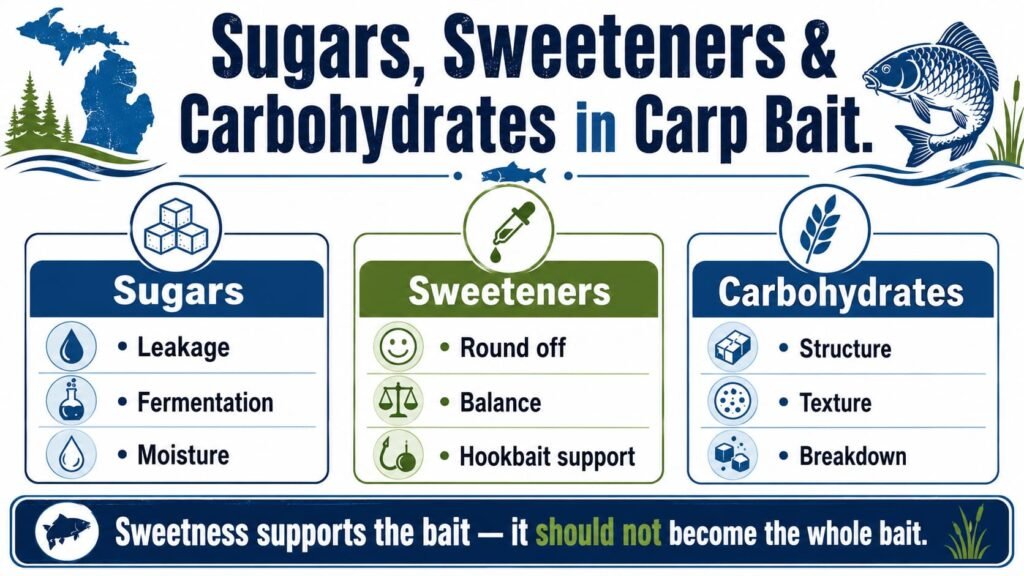 Infographic explaining sugars, sweeteners and carbohydrates in carp bait.