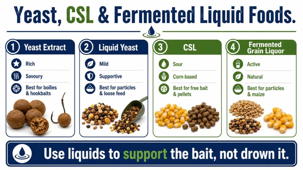 Infographic explaining yeast extract, liquid yeast, CSL and fermented grain liquids in carp bait.