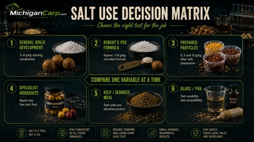 Salt use decision matrix for boilies, Robert’s PSV formula, prepared particles, specialist hookbaits, kelp meal, glugs and PVA